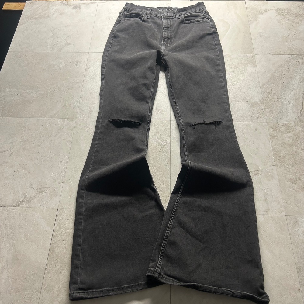 Arizona Jean Co Flare Jeans Black Womens 7 High Rise Distressed 70s Style